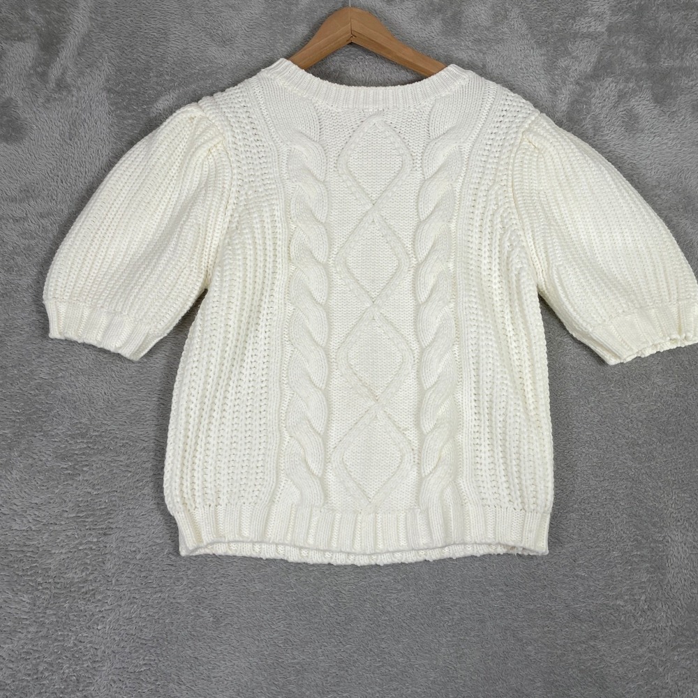 English Factory Sweater Womens Medium White Cable Knit Puff Sleeve Preppy Top